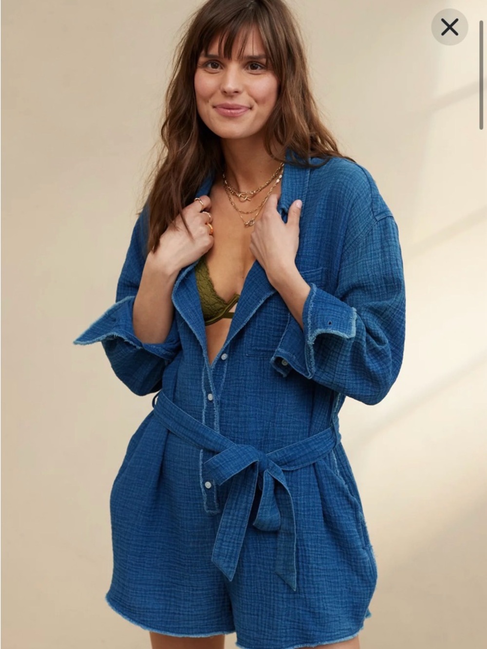Aerie Gauzy Belted Romper Size Small Indigo Wash Blue mini Long Sleeve